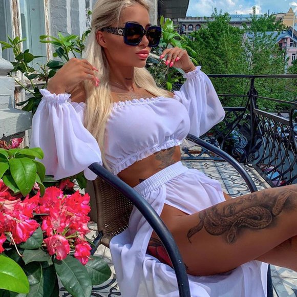 💕Sheer White Crop Top + Maxi Skirt Bikini Coverup - Picture 4 of 4